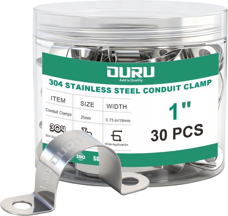ORU 30pcs 1 Inch Conduit Clamp 304 Stainless Steel, Rigid Metal Pipe Clamp U Bracket, 2 Holes Pipe Strap for Automotive, Wire & Tube - Image 1